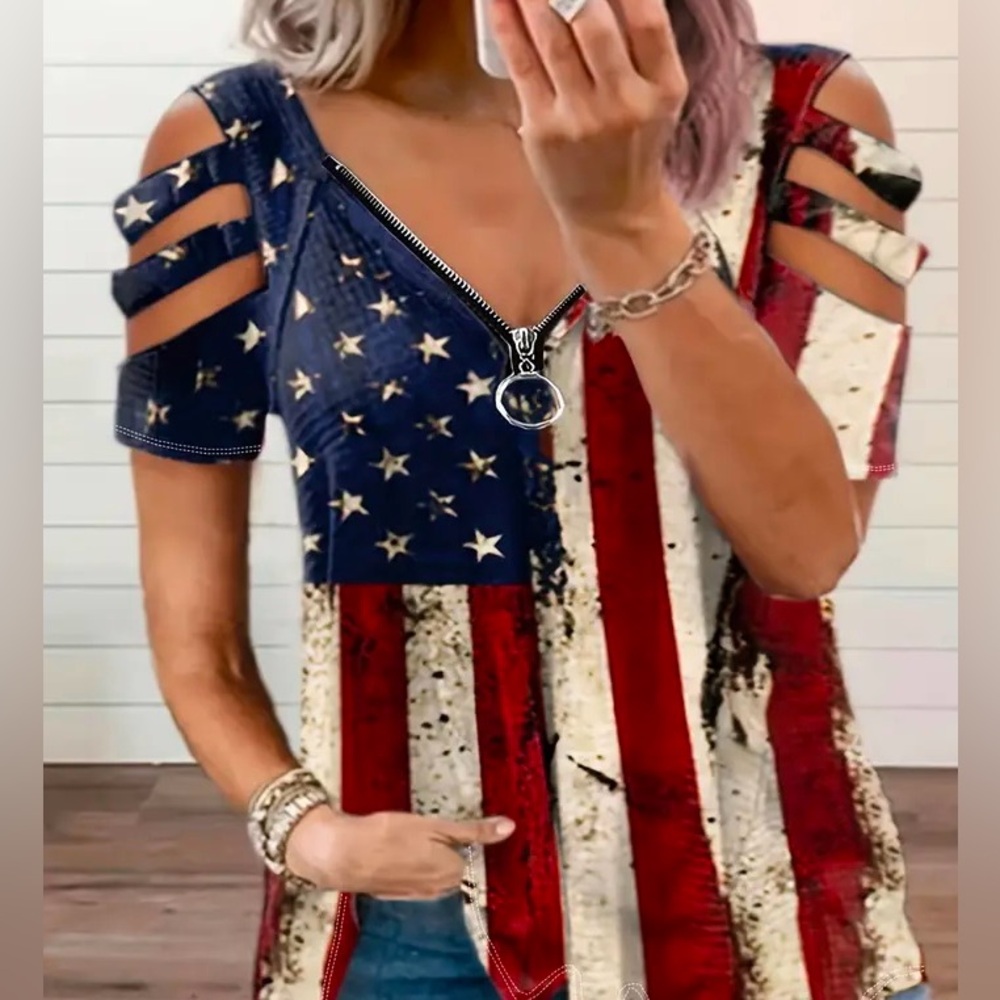 American Flag Top Size 2XL Cold-Shoulder Shirt NEW Stretchy USA Blouse!
